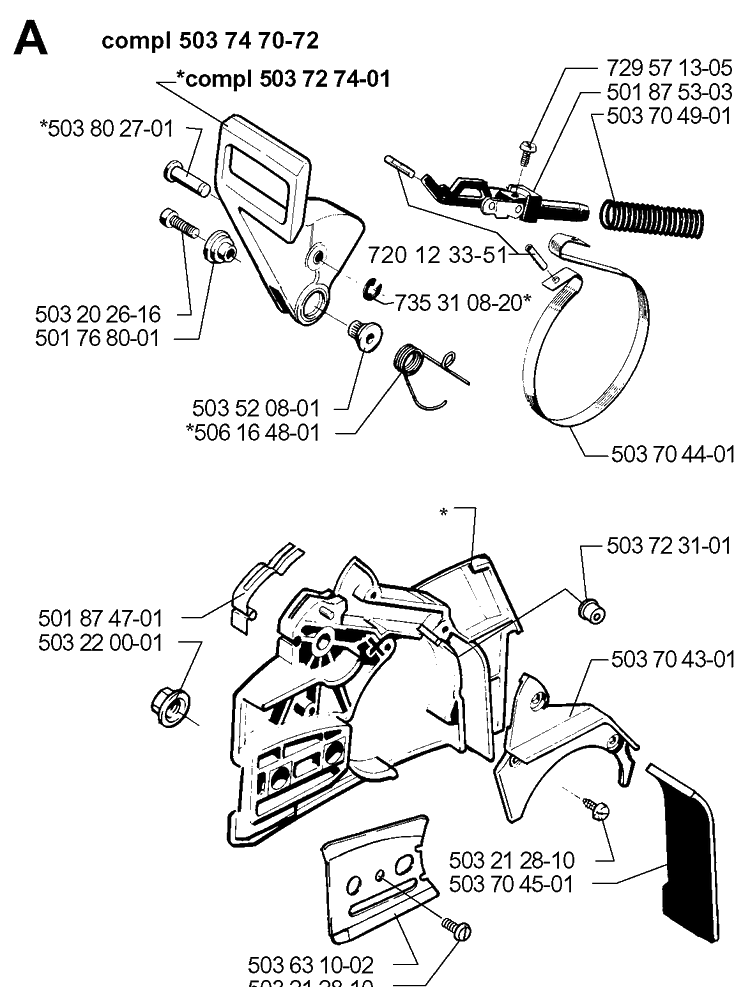 Chain Brake Diagram and Parts List for 257 19980900001-19992300000 Husqvarna Chainsaw