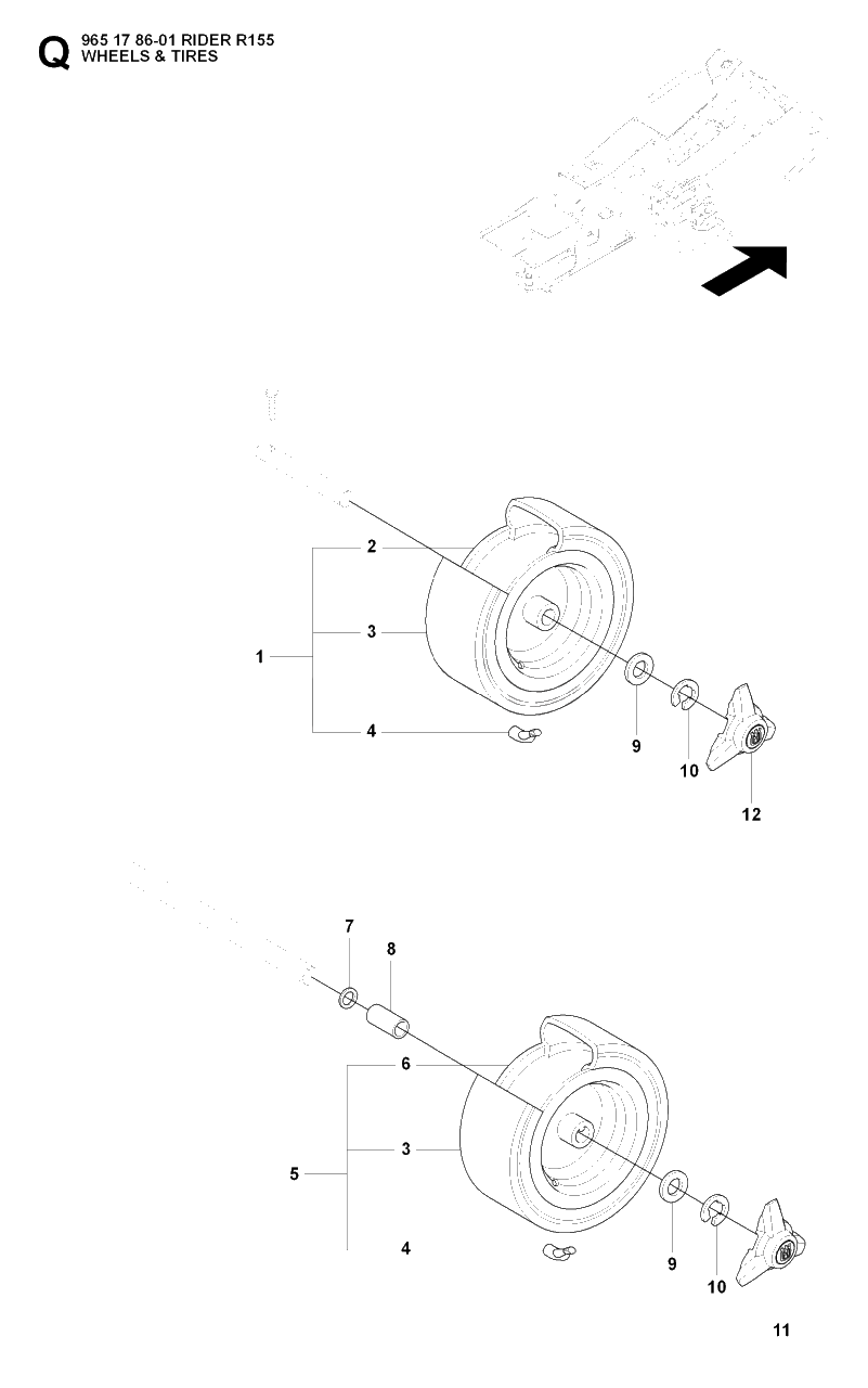 Wheels And Tires Diagram and Parts List for R155 (965178601)(2007-03) Husqvarna Lawn Tractor