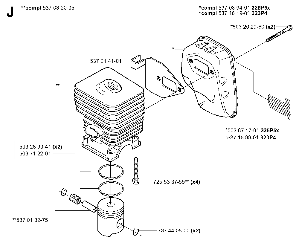 Cylinder, Piston And Muffler Diagram and Parts List for 323P4 20042300001-20062700000 Husqvarna Pole Saw