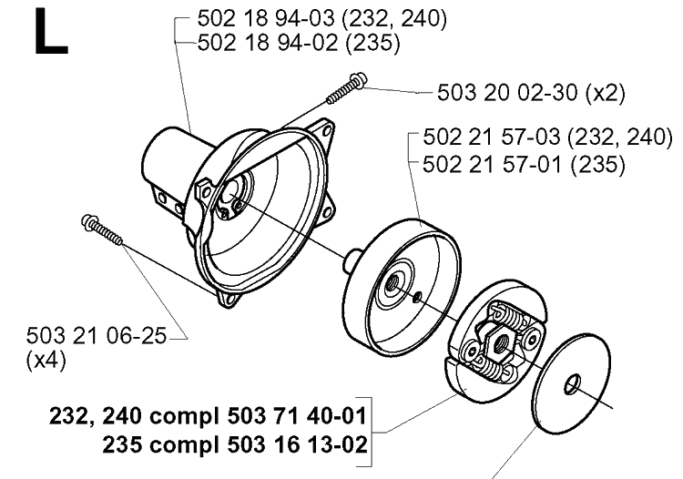Clutch Diagram and Parts List for 232RD 20001400001-Current Husqvarna Brush Cutter