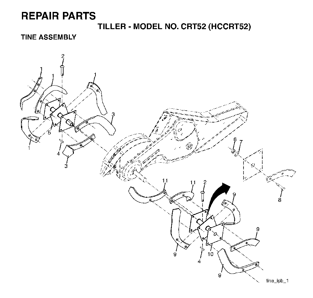 Tine Assembly Diagram and Parts List for CRT52 (HCCRT52, 954140020)(1997-01) Husqvarna Tiller