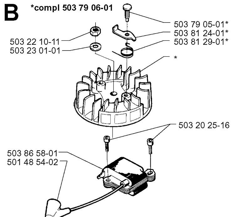Ignition System Diagram and Parts List for 225BV 19970500001-Current Husqvarna Leaf Blower / Vacuum