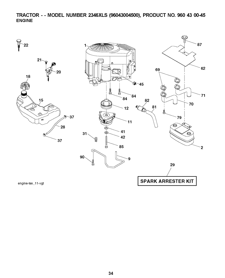 Engine Diagram and Parts List for 2346XLS (96043004500)(2007-12) Husqvarna Lawn Tractor