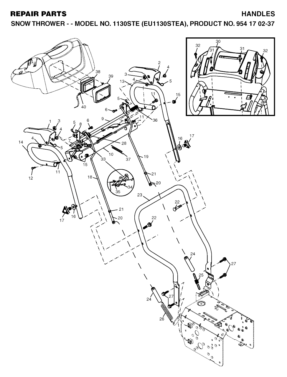 Handle Diagram and Parts List for 1130STE (954170237-A)(2004-09) Husqvarna Snow Blower