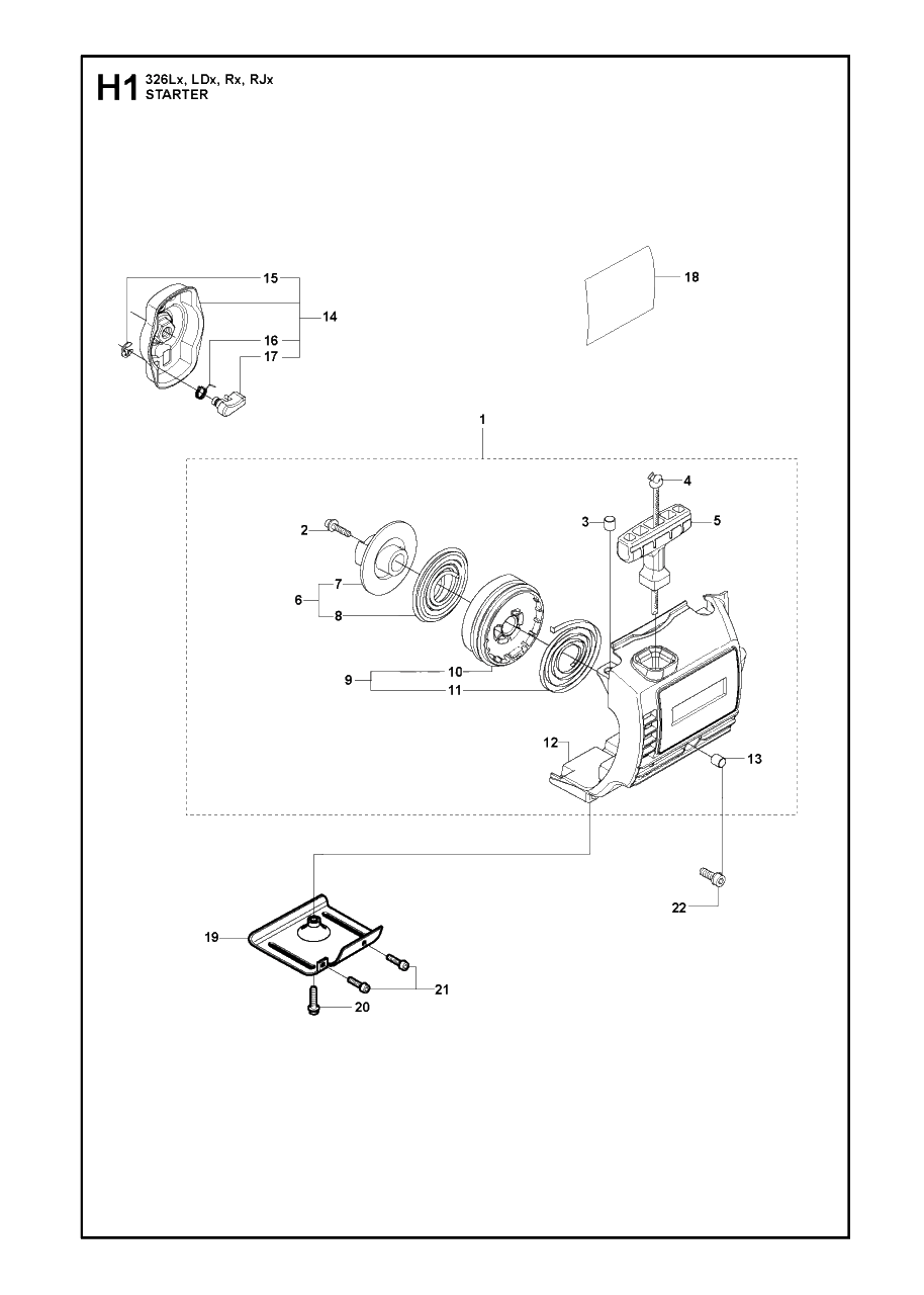 Starter Diagram and Parts List for 326LX 20091800001 & Above Husqvarna Trimmer