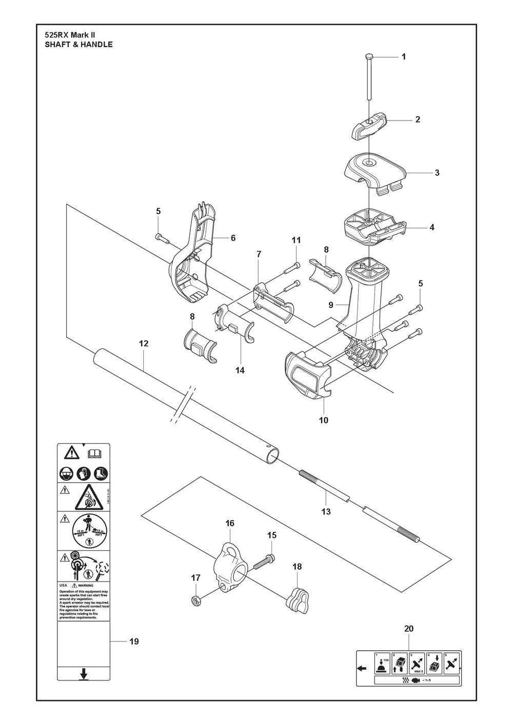 Shaft And Handle Diagram and Parts List for 525RXMARKII  Husqvarna Brush Cutter