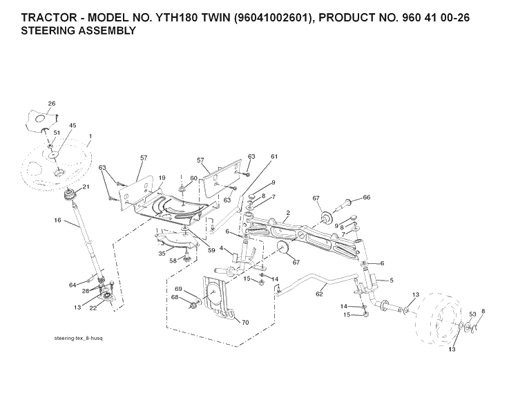 Steering Diagram and Parts List for YTH180 (96041002601)(2007-09) Husqvarna Lawn Tractor