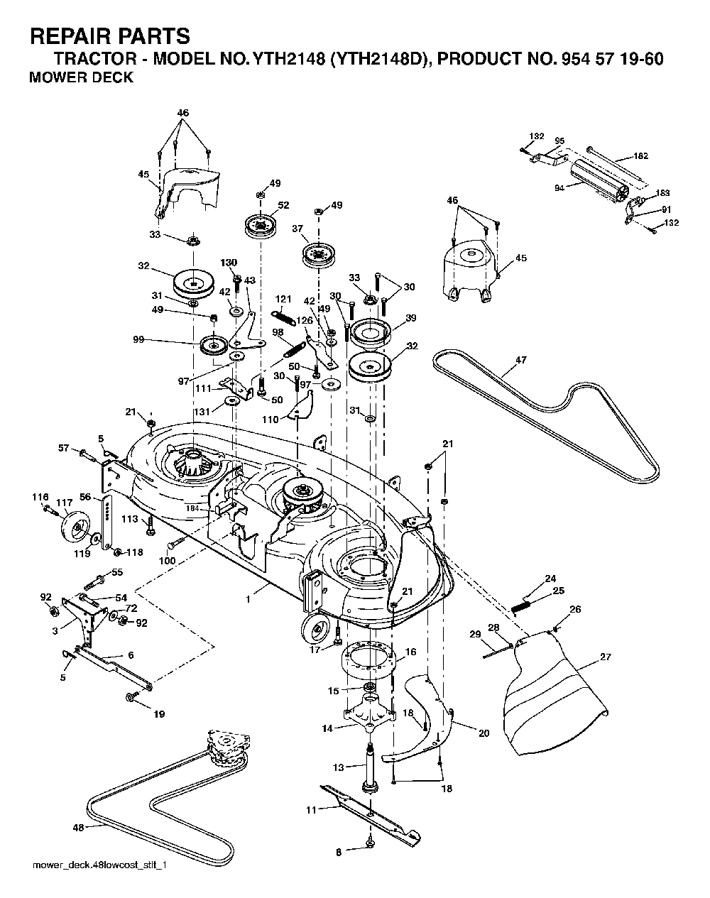 Mower Deck / Cutting Deck Diagram and Parts List for YTH2148D (954571960)(2004-04) Husqvarna Lawn Tractor