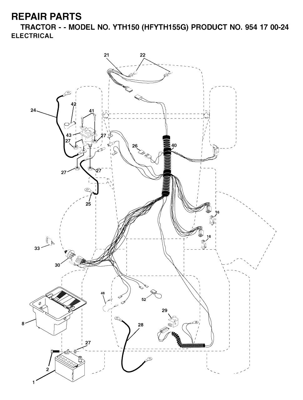 Electrical Diagram and Parts List for YTH150 (954170024-G)(2001-01) Husqvarna Lawn Tractor