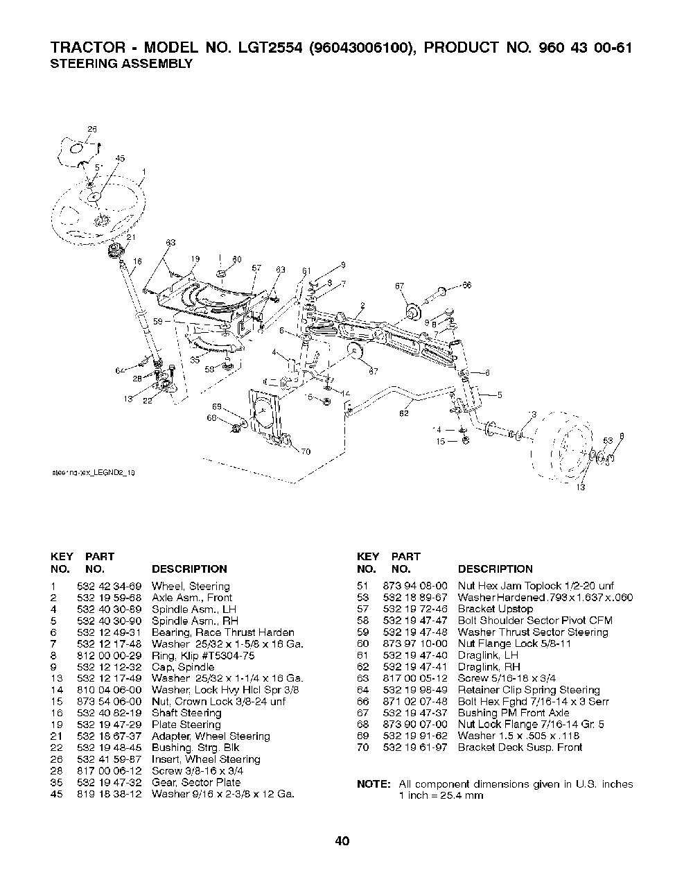 Steering Diagram and Parts List for LGT255496043006100 2008-12 Husqvarna Lawn Tractor