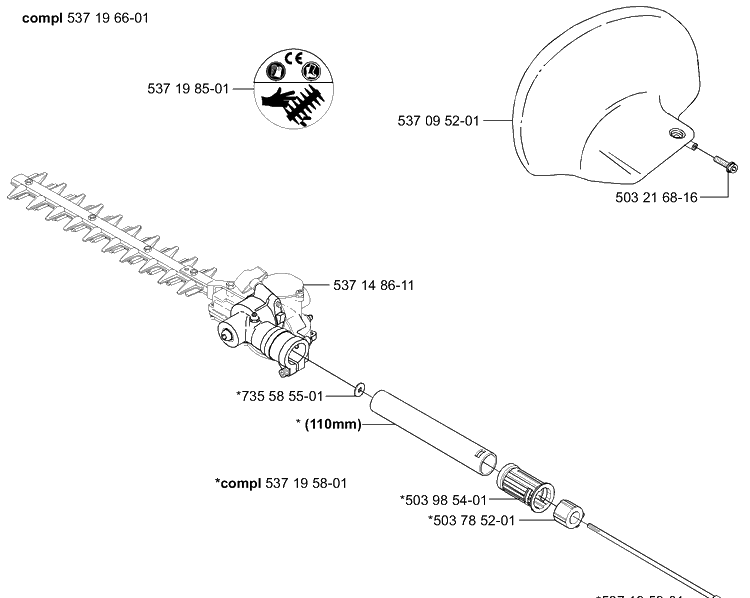 Hedge Attachment Diagram and Parts List for HA110 2004-01 Husqvarna Hedge Trimmer