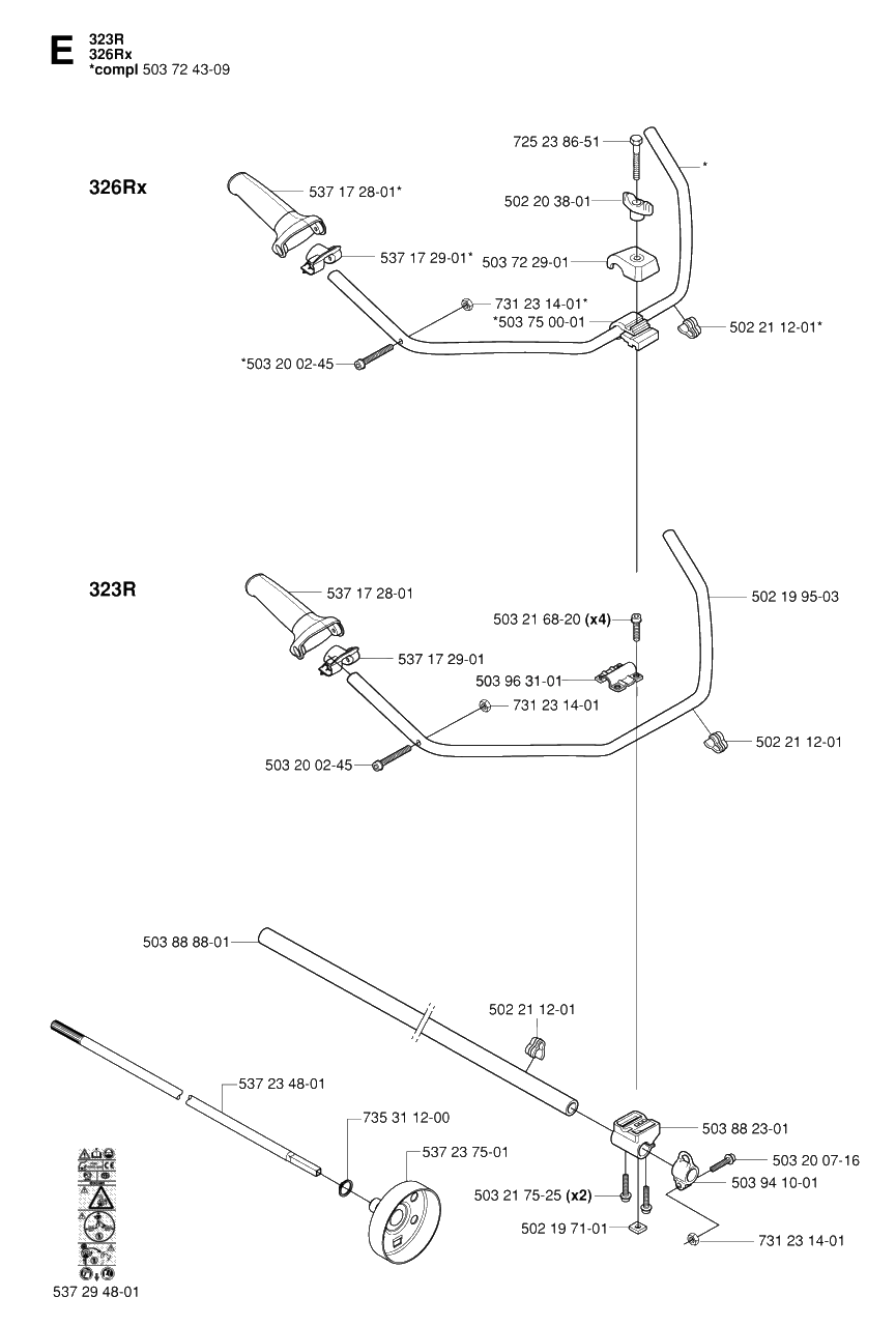 Shaft And Handle 2 Diagram and Parts List for 326L 20061400001 & Above Husqvarna Trimmer