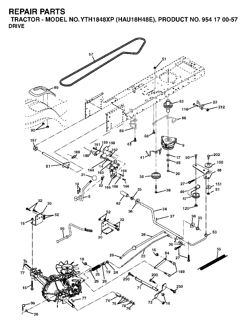 Drive Diagram and Parts List for YTH1848XP (HAU18H48E, 954170057)(2003-01) Husqvarna Lawn Tractor