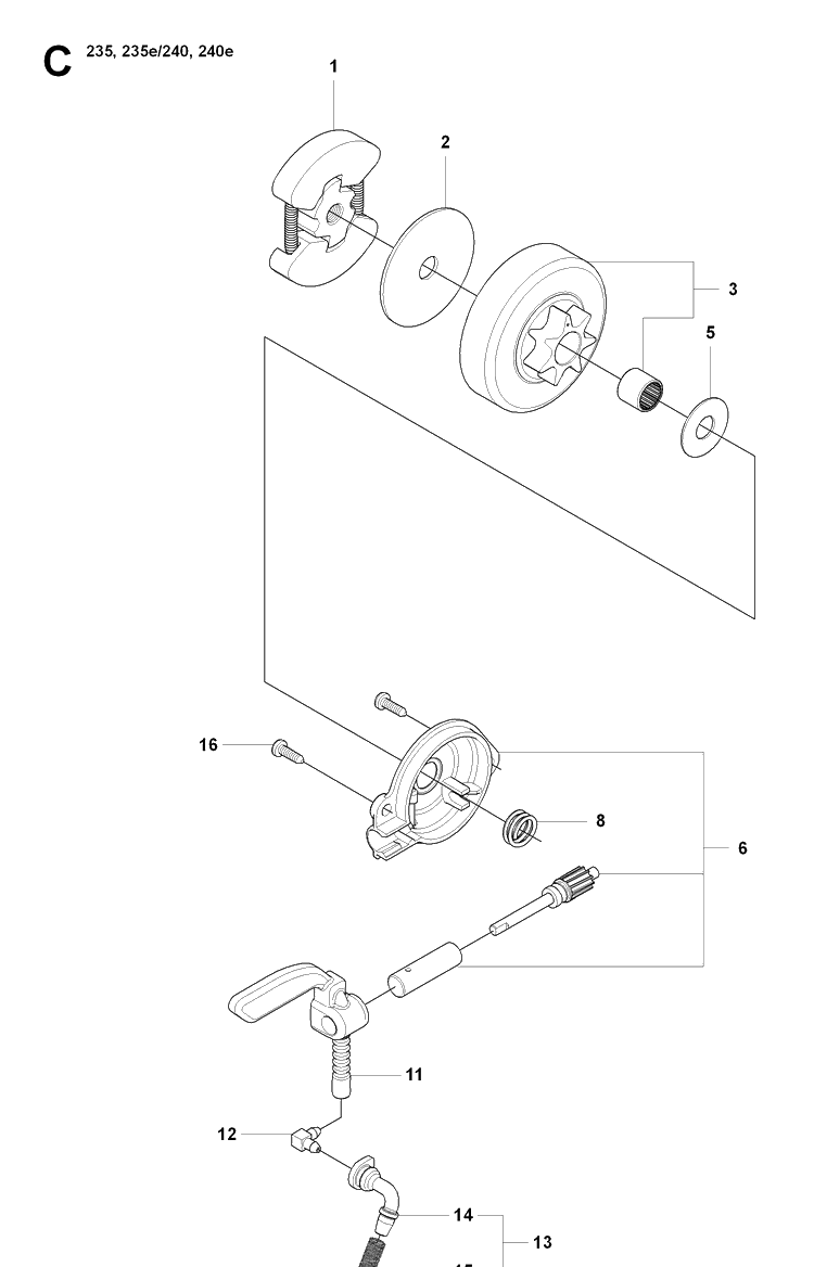 Clutch And Oil Pump Diagram and Parts List for 235 20080100001-20091400000 Husqvarna Chainsaw