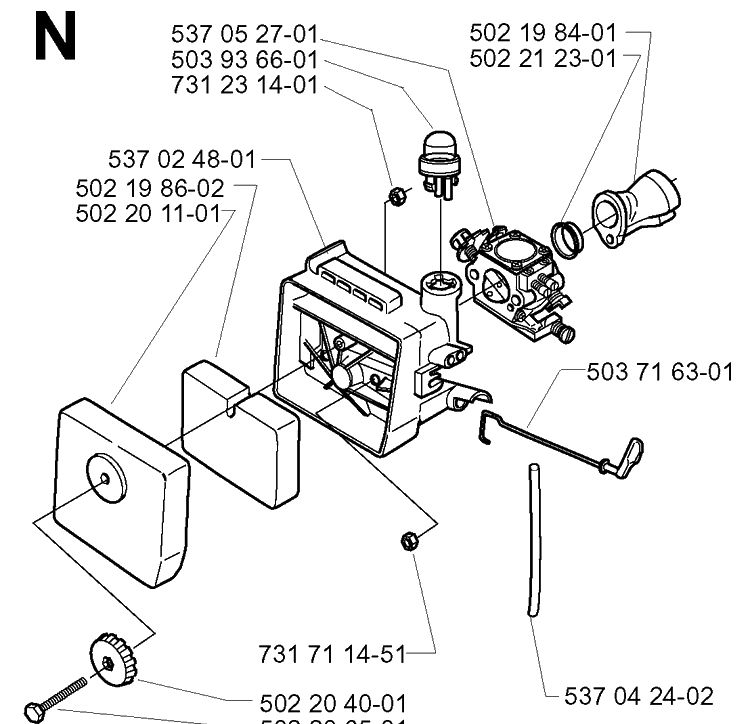 Carburetor And Air Filter Diagram and Parts List for 232RD 20001400001-Current Husqvarna Brush Cutter