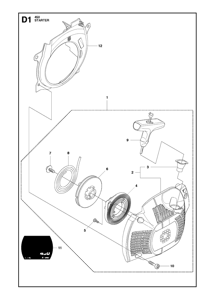 Starter Diagram and Parts List for 450  Husqvarna Chainsaw