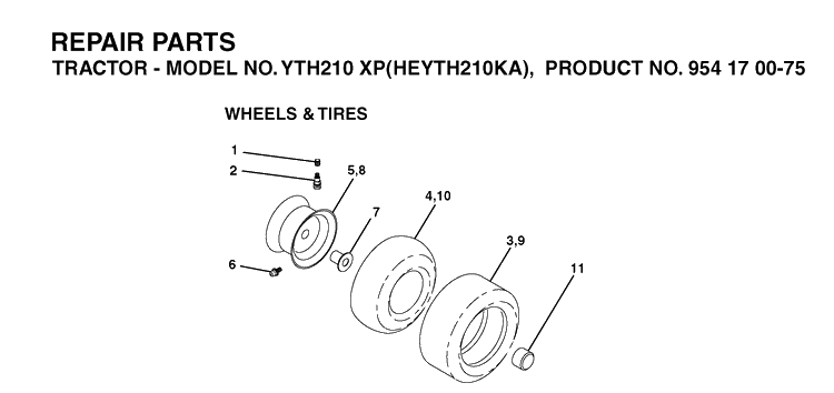 Wheels And Tires Diagram and Parts List for YTH210XP (HEYTH210KA)(2003-01) Husqvarna Lawn Tractor