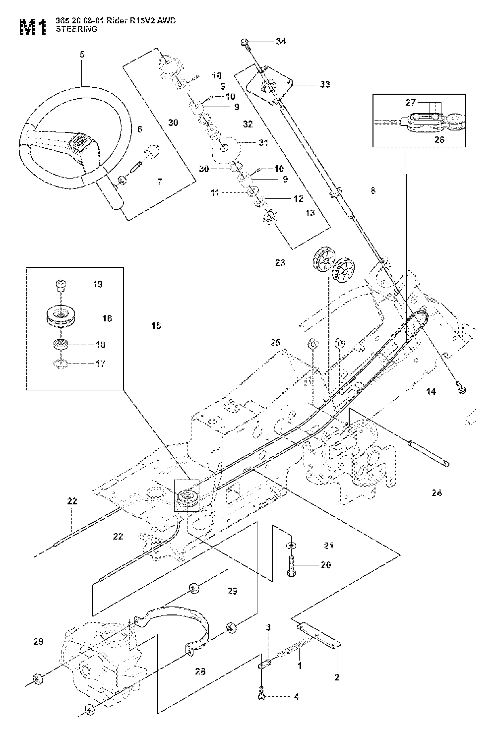 Steering Diagram and Parts List for RIDER15V2SAWD (965200901)(2008-01) Husqvarna Lawn Tractor