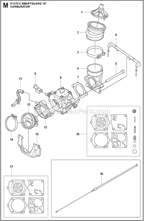 Carburetor Diagram and Parts List for K1270II  Husqvarna Concrete Saw
