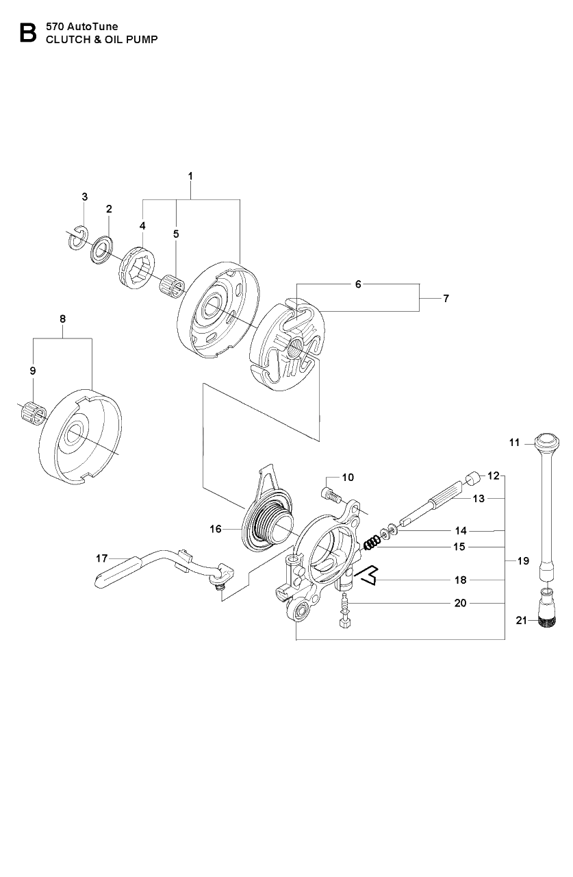 Clutch And Oil Pump Diagram and Parts List for 570AUTOTUNE 20104500001 - 20130900000 Husqvarna Chainsaw