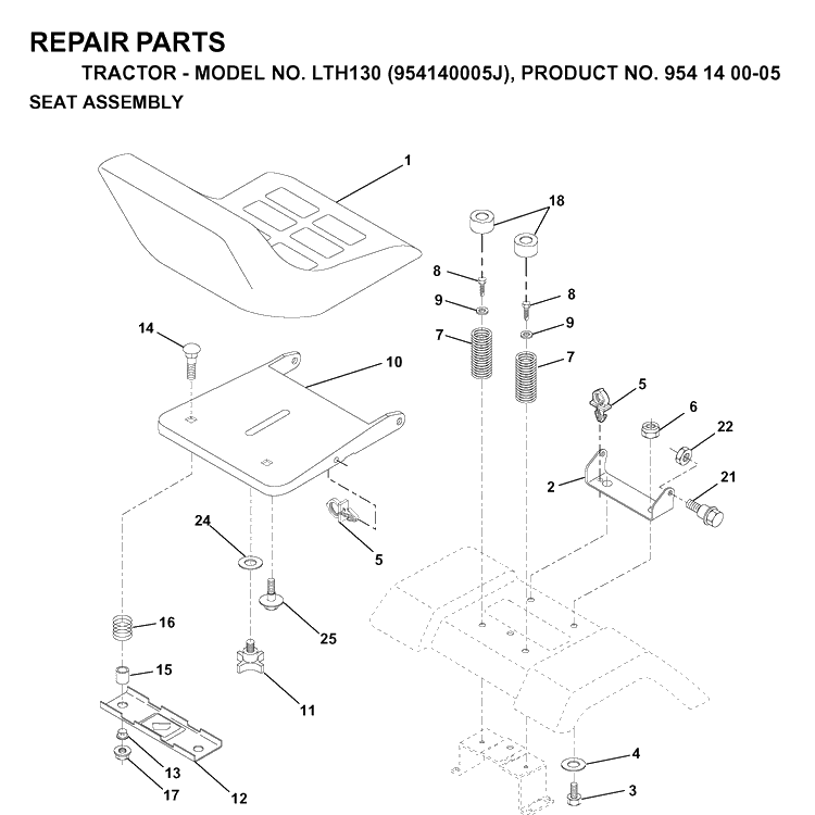 Seat Diagram and Parts List for LTH130 (954140005J)(1998-10) Husqvarna Lawn Tractor