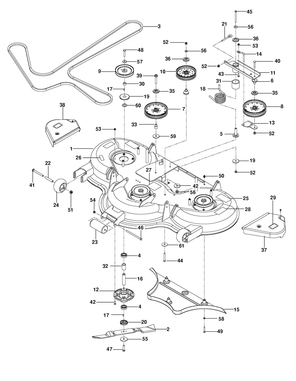 Mower Deck / Cutting Deck Diagram and Parts List for PZ29D 2011 Husqvarna Lawn Tractor