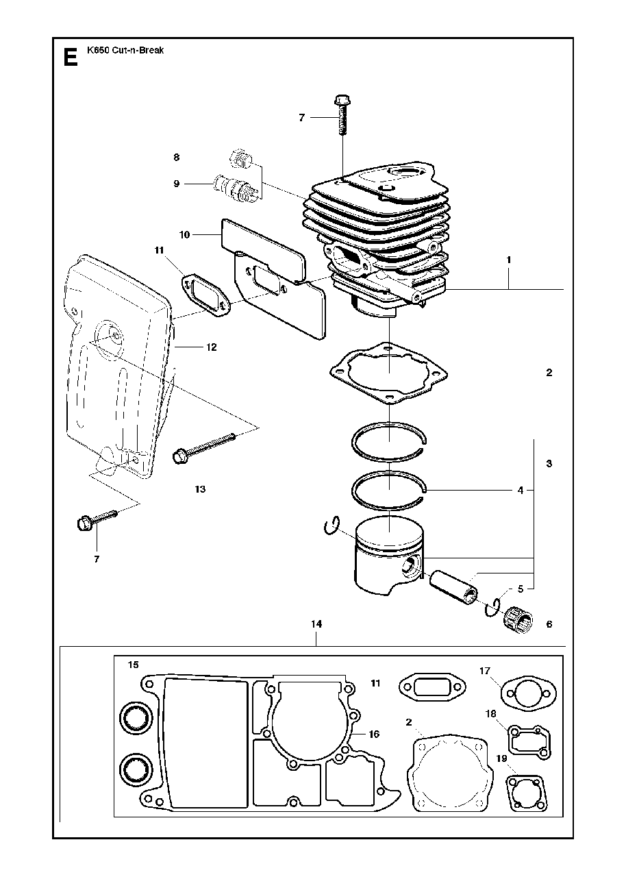 Cylinder, Piston And Muffler Diagram and Parts List for K650CUT-N-BREAK 2008-11 Husqvarna Circular Saw