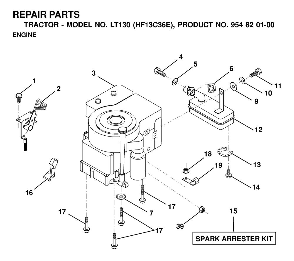 Engine And Cutting Equipment Diagram and Parts List for LT130 (954820100-E)(2000-02) Husqvarna Lawn Tractor