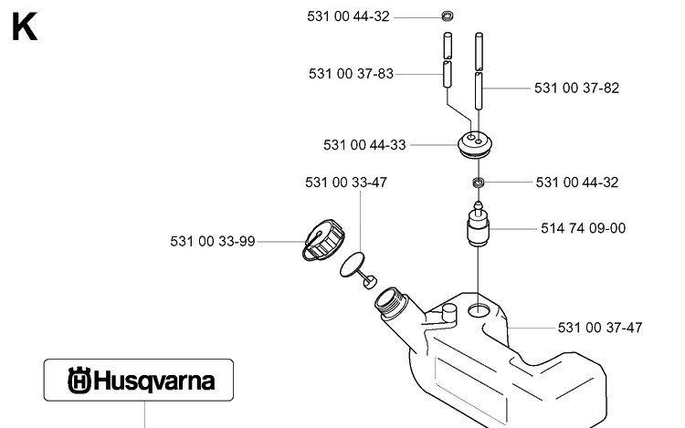 Fuel Tank Diagram and Parts List for 165BT 20053300001-Current Husqvarna Leaf Blower / Vacuum