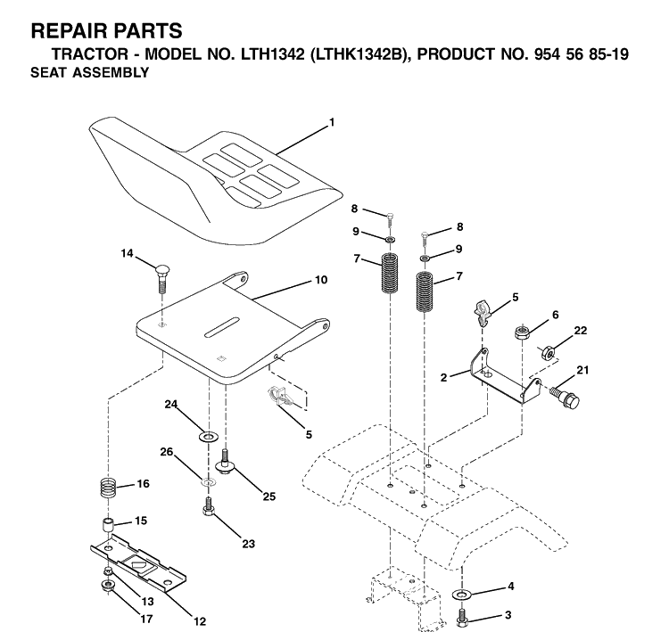 Seat Diagram and Parts List for LTH1342-LTHK1342B 2002-02 Husqvarna Lawn Tractor