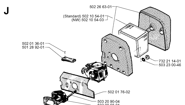 Carburetor And Air Filter Diagram and Parts List for 265RX 19954500001-19991000000 Husqvarna Brush Cutter