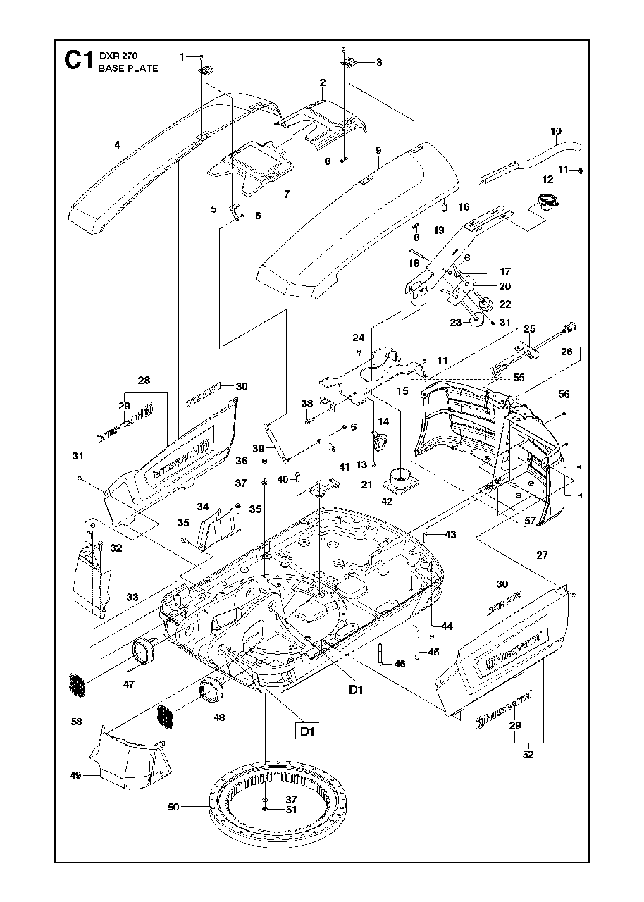 Base Plate Diagram and Parts List for DXR270 (1 & Above)(2013-08) Husqvarna Demolition Hammer