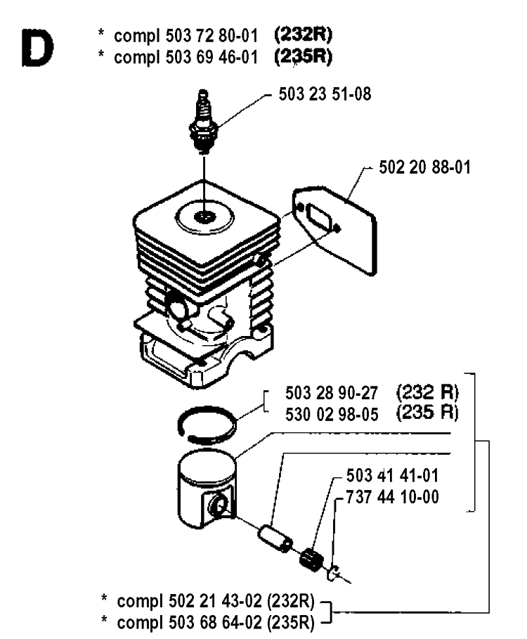 Cylinder Piston Diagram and Parts List for 232R 19940600001-19954500000 Husqvarna Brush Cutter