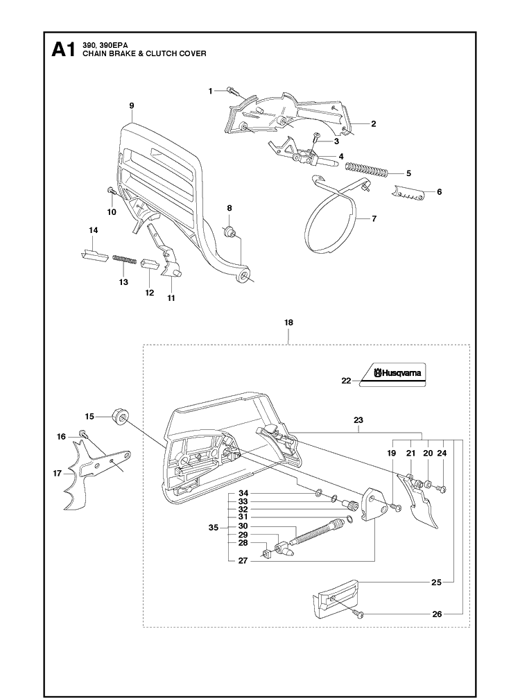 Chain Brake Clutch Cover Diagram and Parts List for 390 2013-09 Husqvarna Chainsaw