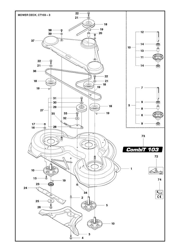 103cm Cutting Deck Diagram and Parts List for R422TS AWD Husqvarna Lawn Mower