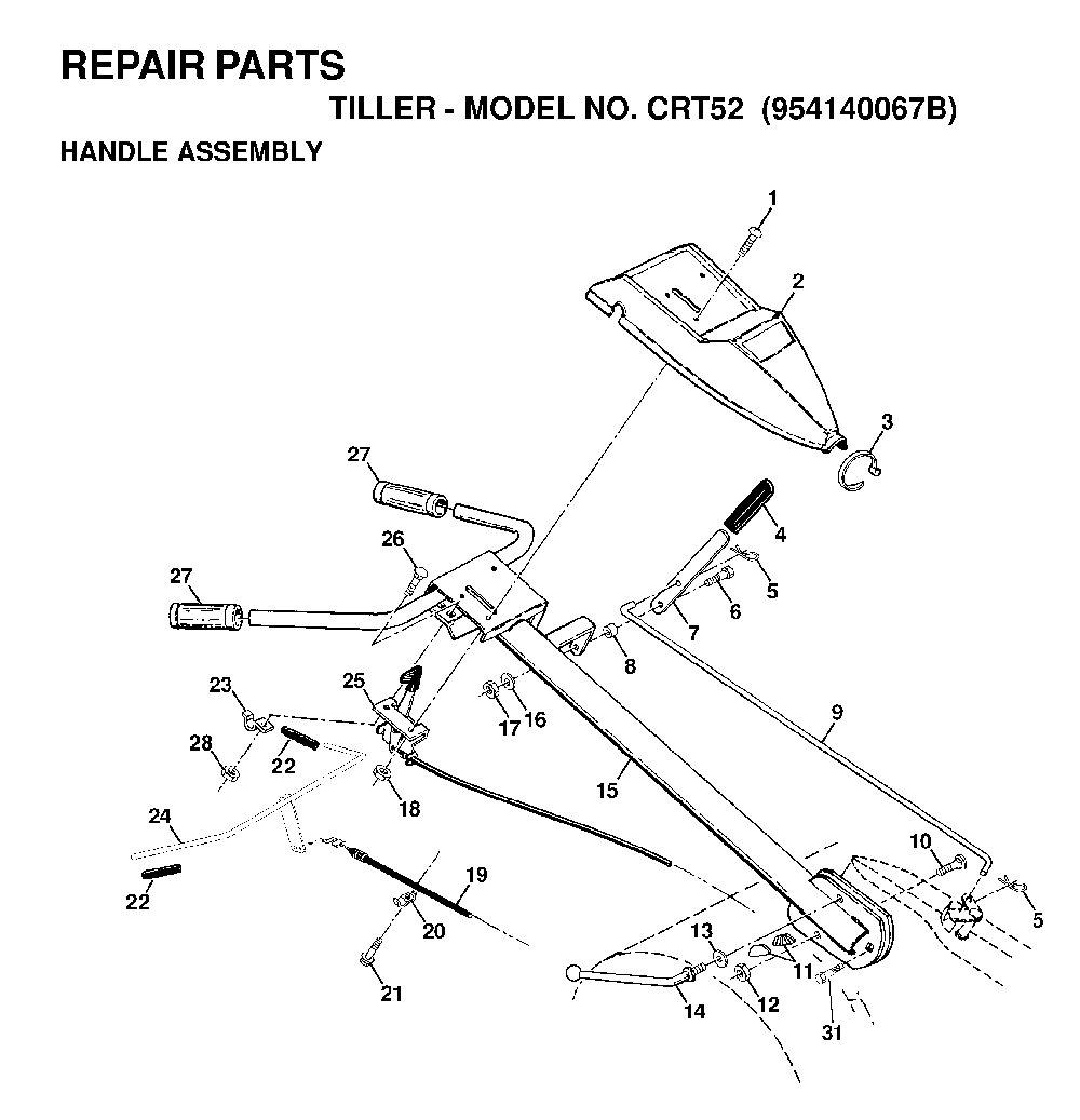 Handle And Controls Diagram and Parts List for CRT52 (954140067B)(1998-07) Husqvarna Tiller
