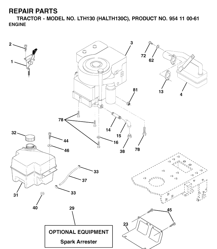 Engine Diagram and Parts List for LTH130 (HALTH130C)(954110061)(2003-01) Husqvarna Lawn Tractor