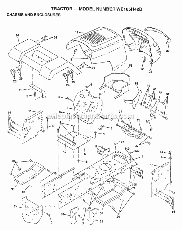 Chassis And Enclosures Diagram and Parts List for WE185H42B 1997 Husqvarna Lawn Tractor