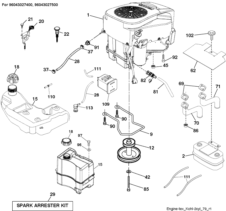 Engine 2 Diagram and Parts List for YTH20K42  Husqvarna Lawn Tractor