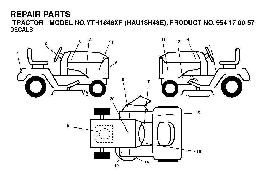 Decals Diagram and Parts List for YTH1848XP (HAU18H48E, 954170057)(2003-01) Husqvarna Lawn Tractor