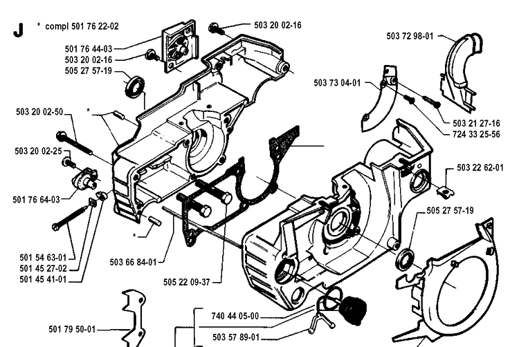 Crankcase Diagram and Parts List for 51 19942300001-19982300000 Husqvarna Chainsaw