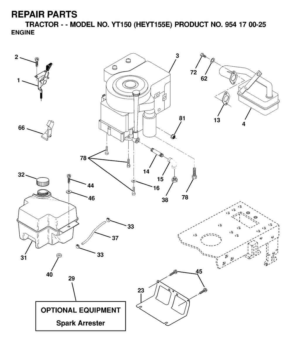 Engine And Cutting Equipment Diagram and Parts List for YT150 (954170025-E)(2000-03) Husqvarna Lawn Tractor