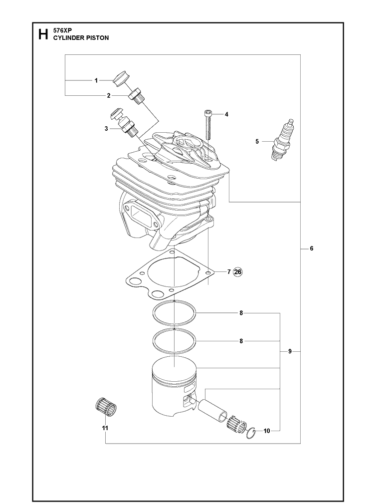 Cylinder Piston Diagram and Parts List for 576XP-576XPEPA 20100100001-20110100000 Husqvarna Chainsaw