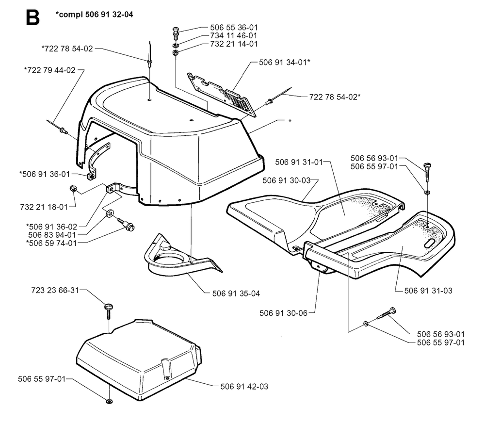 Hood Diagram and Parts List for R970HST 1998-03 Husqvarna Lawn Tractor