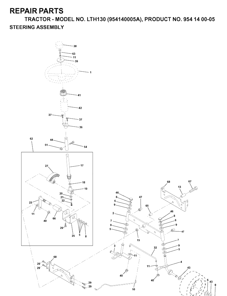 Steering Diagram and Parts List for LTH130 (954140005A)(1997-01) Husqvarna Lawn Tractor