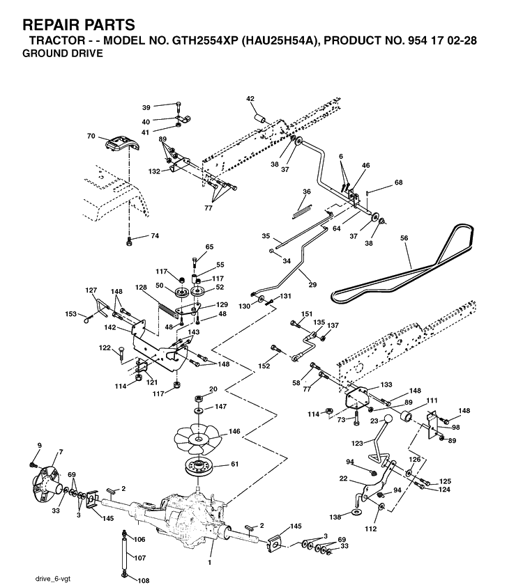 Drive Diagram and Parts List for GTH2554XP (HAU25H54A)(2004-09) Husqvarna Lawn Tractor