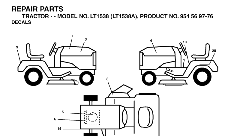 Decals Diagram and Parts List for LT1538-LT1538A 2002-11 Husqvarna Lawn Tractor
