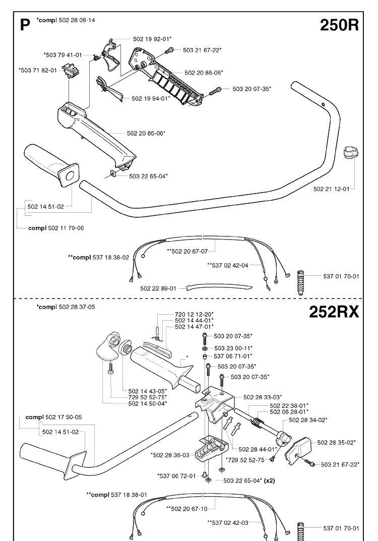 Handle And Controls 2 Diagram and Parts List for 250R 20023100001-20145399999 Husqvarna Brush Cutter