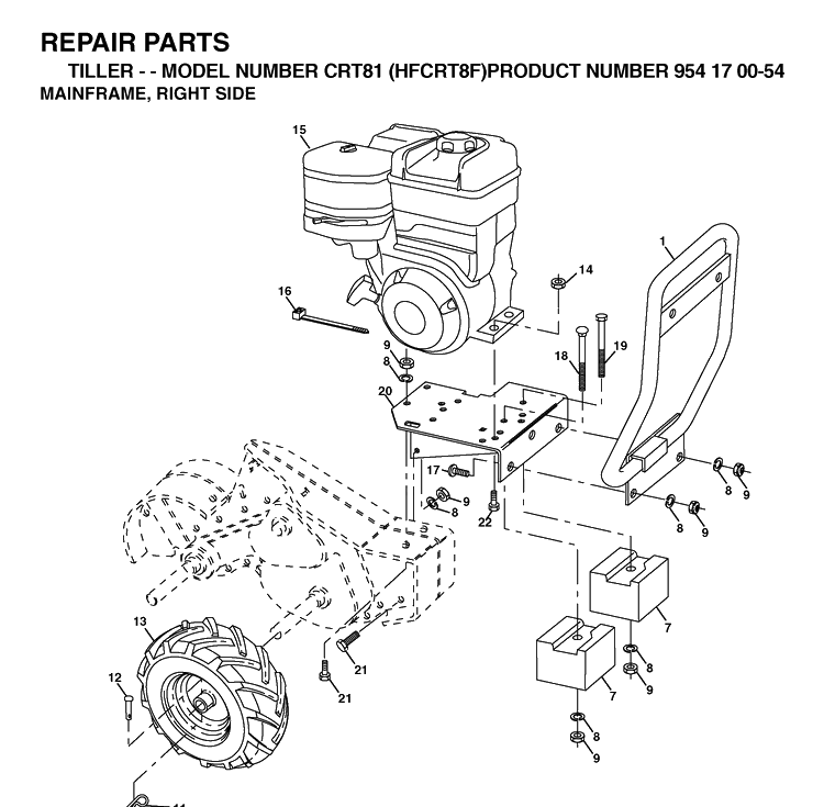 Mainframe, Right Side Diagram and Parts List for CRT81 (HFCRT8F)(2002-01) Husqvarna Cultivator