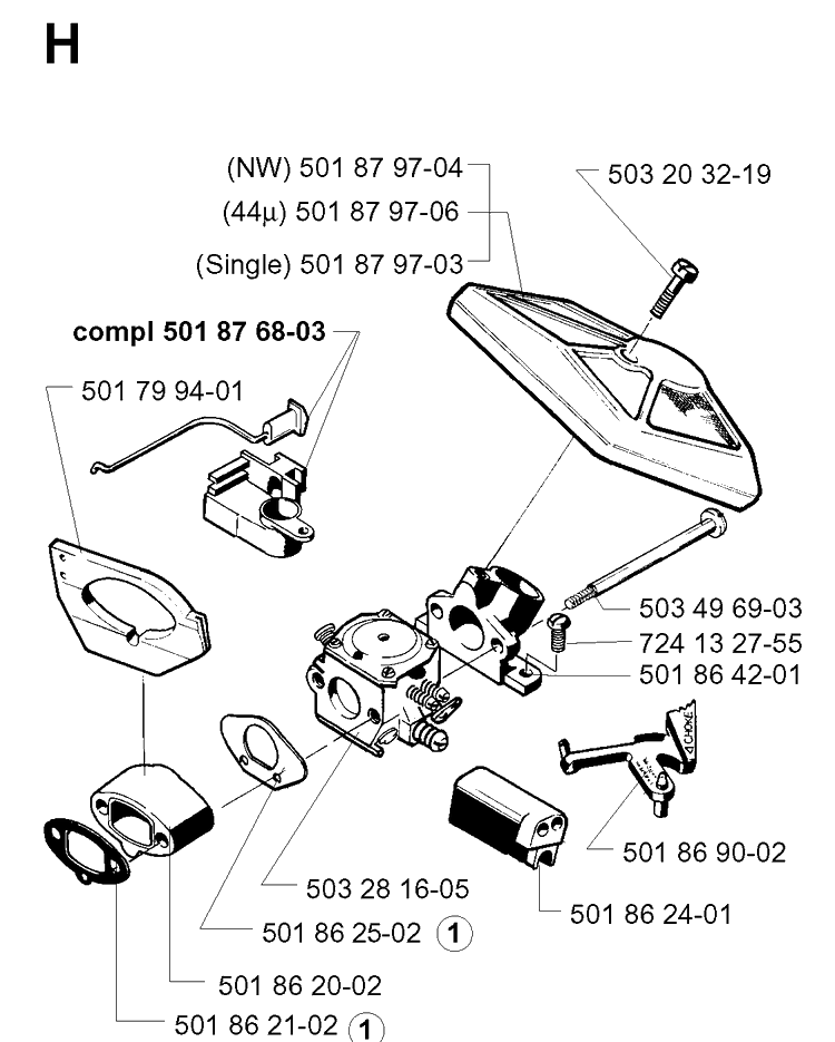 Carburetor And Air Filter Diagram and Parts List for 257 19980900001-19992300000 Husqvarna Chainsaw